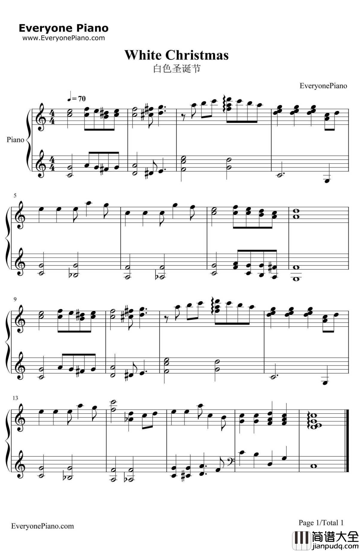 White_Christmas钢琴谱_SarahConnor_白色圣诞节_圣诞歌曲