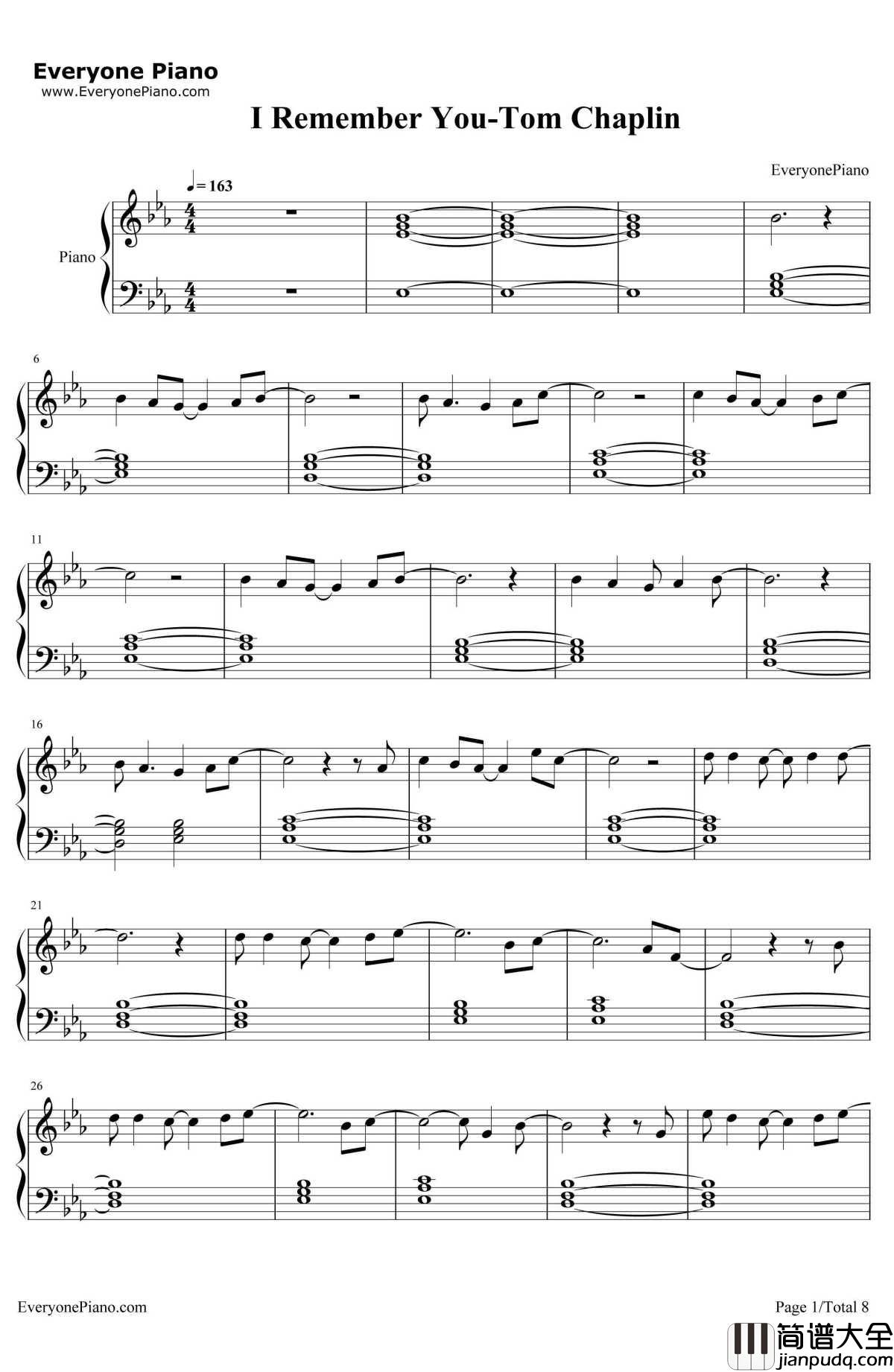 I_Remember_You钢琴谱_TomChaplin