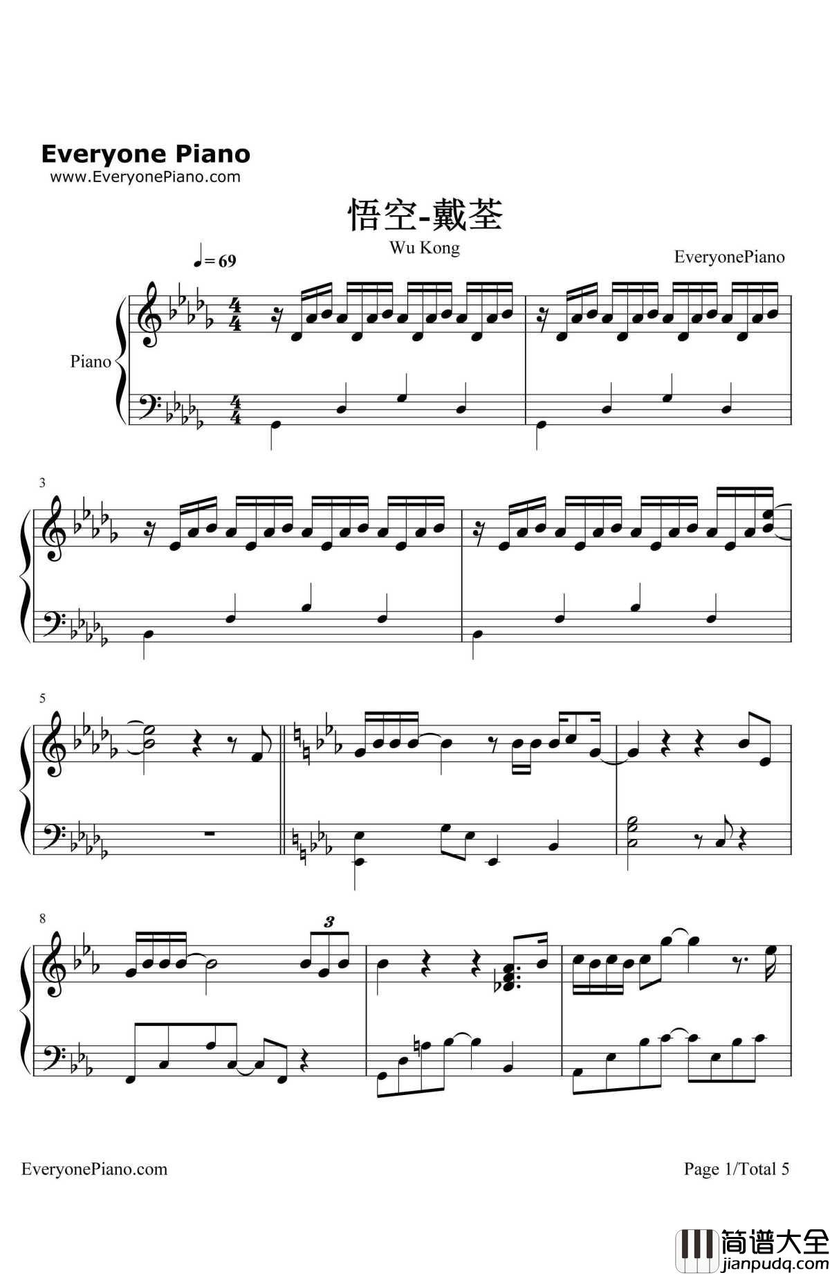 悟空钢琴谱_戴荃_戴荃_中国好歌曲_