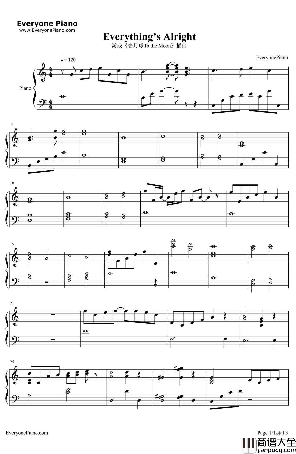 Everything's_Alright钢琴谱_LauraShigihara_游戏_去月球TotheMoon_插曲