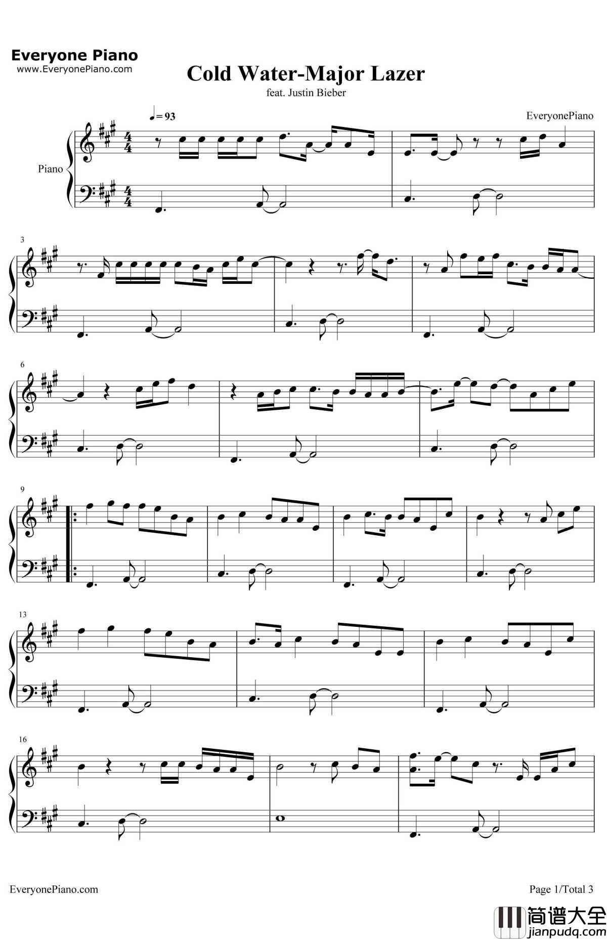 Cold_Water钢琴谱_MajorLazer_MajorLazer(feat.JustinBieberMØ）