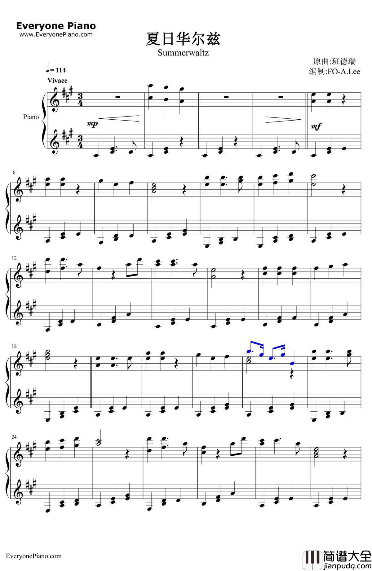 夏日华尔兹钢琴谱_班得瑞__琉璃湖畔_班得瑞