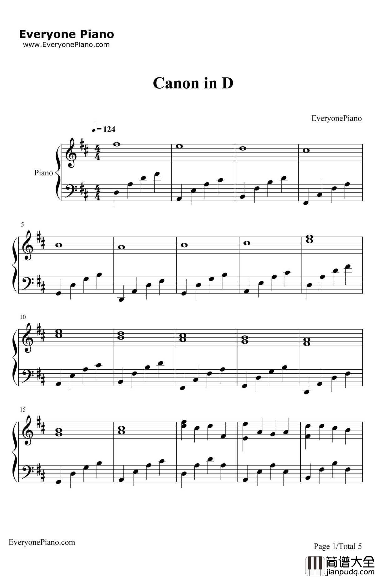 D大调卡农钢琴谱_帕赫贝尔