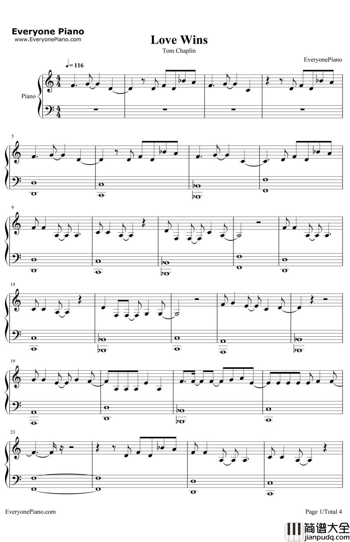 Love_Wins钢琴谱_Tom_Chaplin