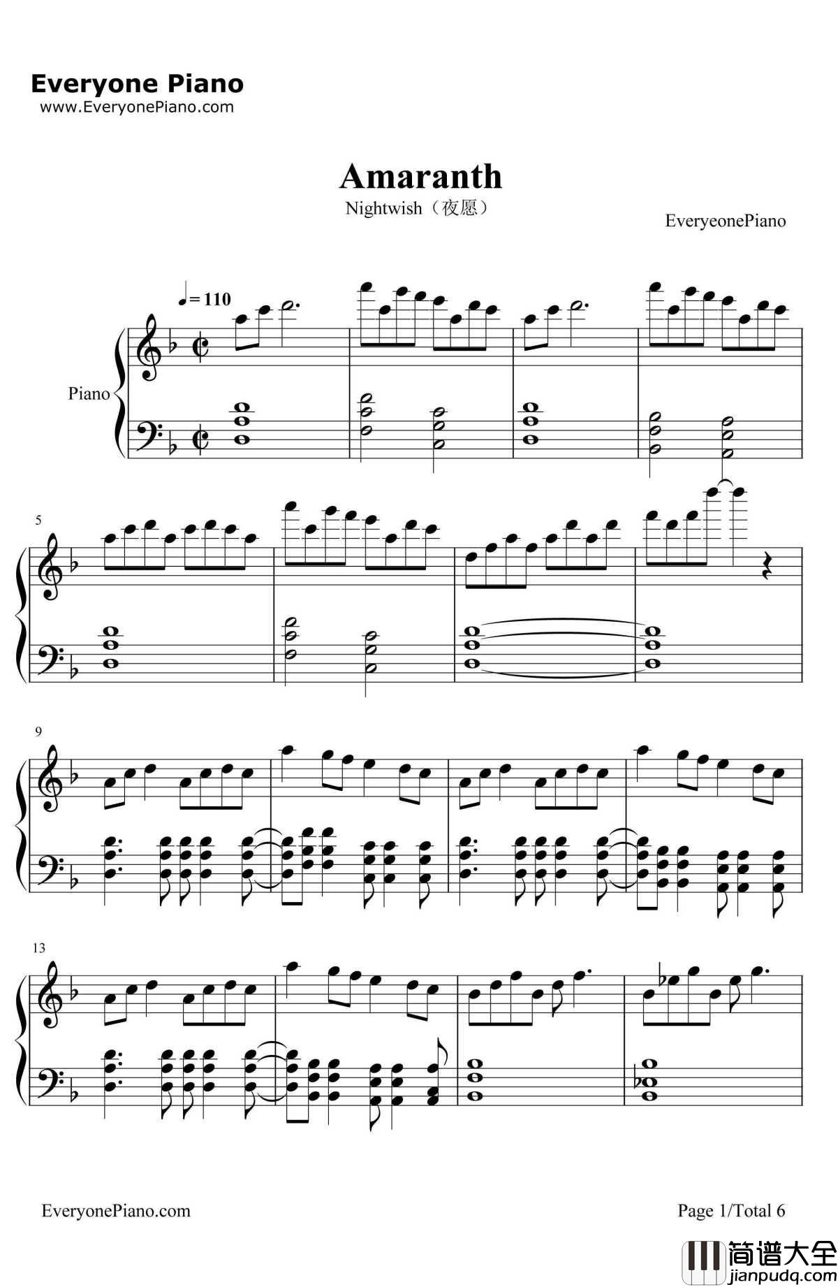 Amaranth钢琴谱_Nightwish