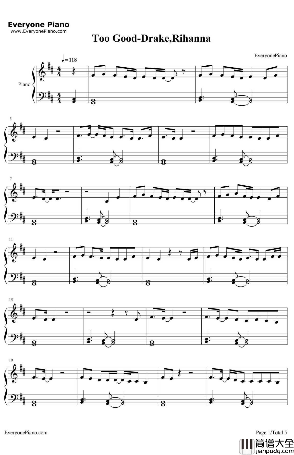 Too_Good钢琴谱_Drake_Rihanna