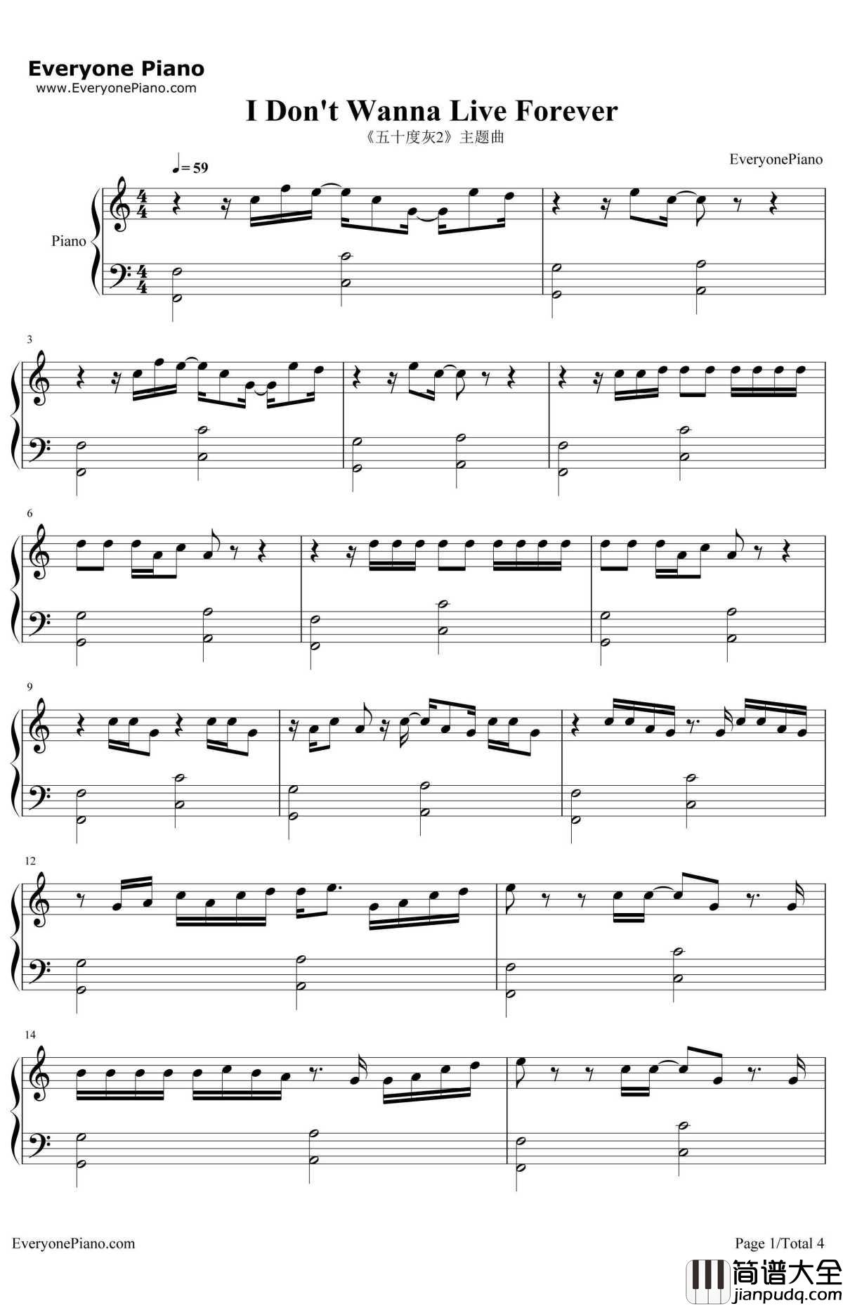 I Don't Wanna Live Forever钢琴谱_Zayn_Malik,Taylor_Swift__五十度灰2_的主题曲