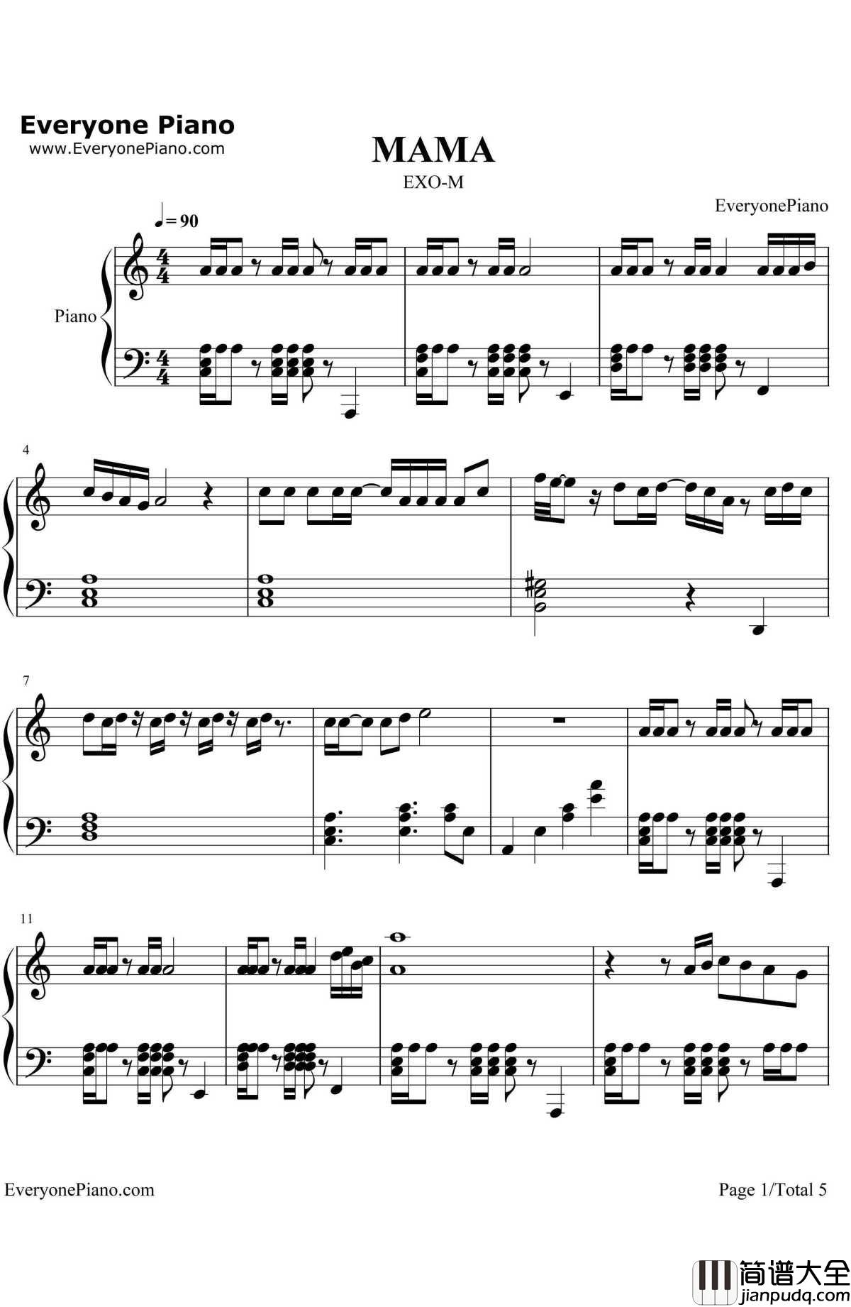 MAMA钢琴谱_EXO_M