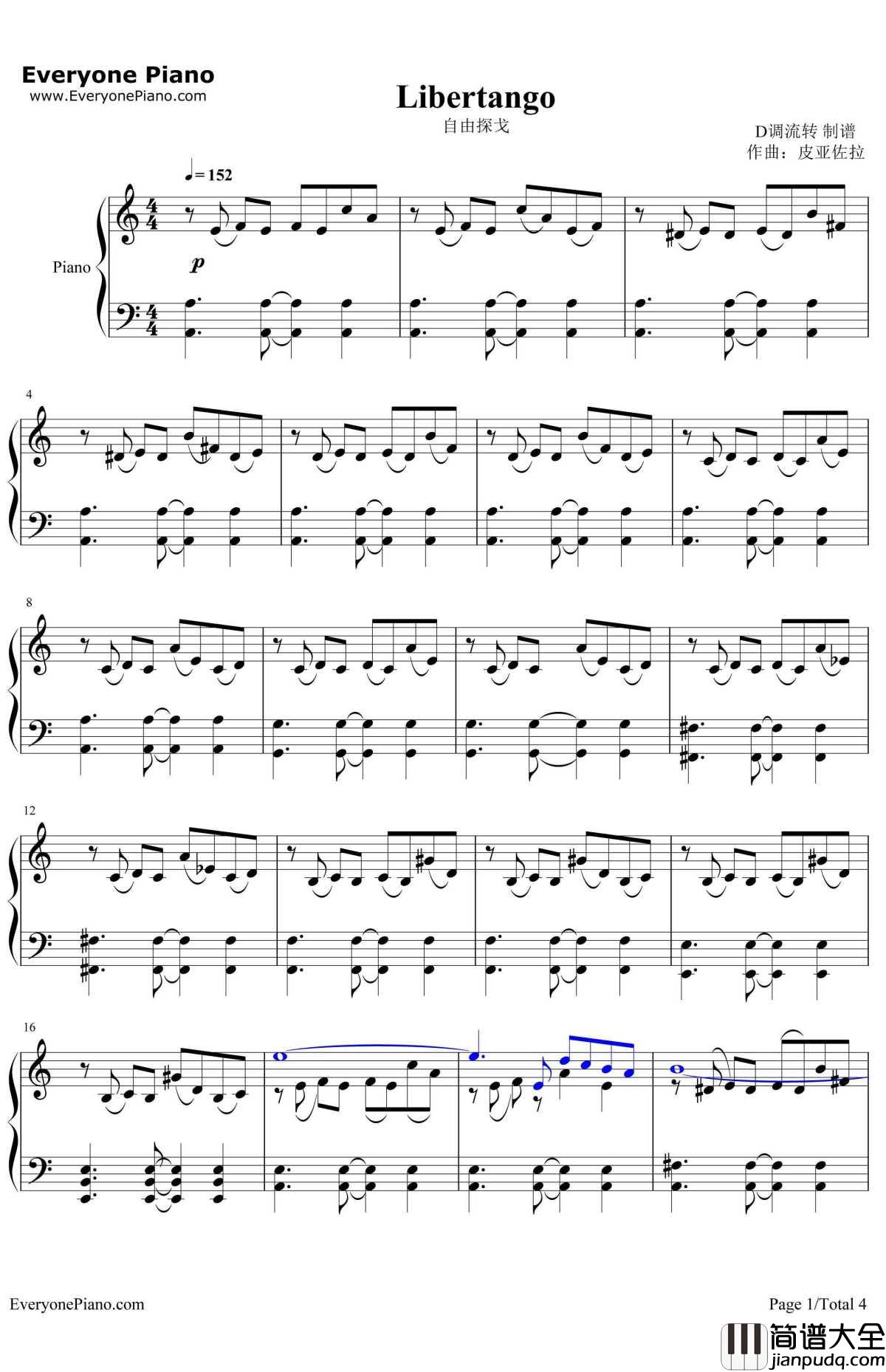 自由探戈钢琴谱_皮亚佐拉（AstorPiazzolla）_Libertango_皮亚佐拉