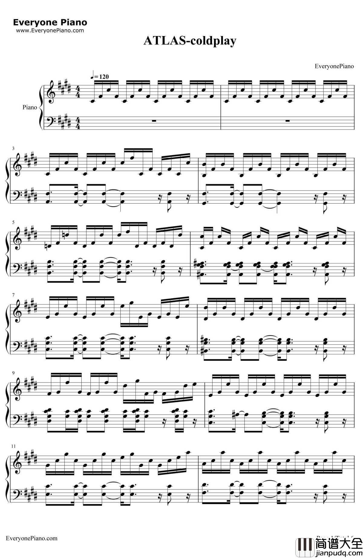 Atlas钢琴谱_Coldplay_饥饿游戏:星火燎原OST