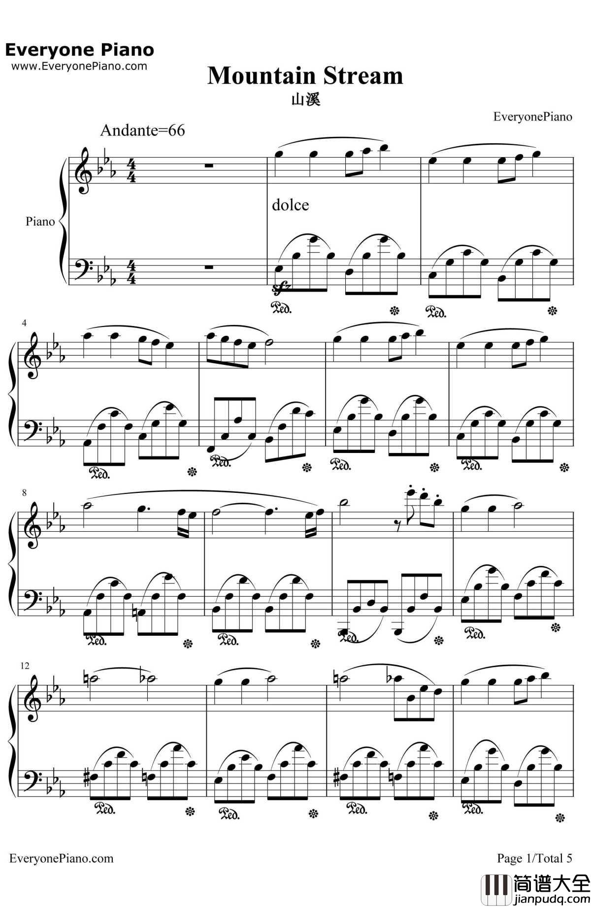 山溪MountainStream钢琴谱_班得瑞_班得瑞_春野_