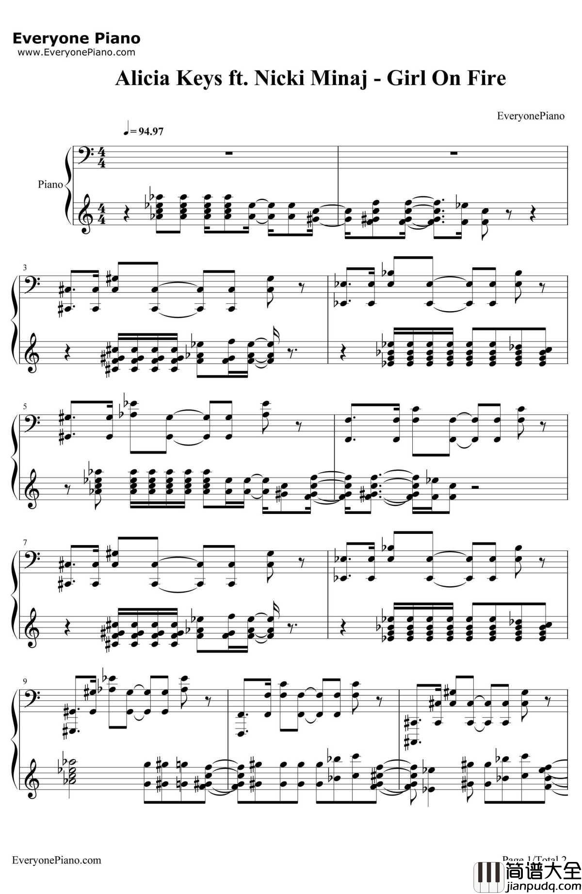Girl_On_Fire钢琴谱_AliciaKeysft.NickiMinaj