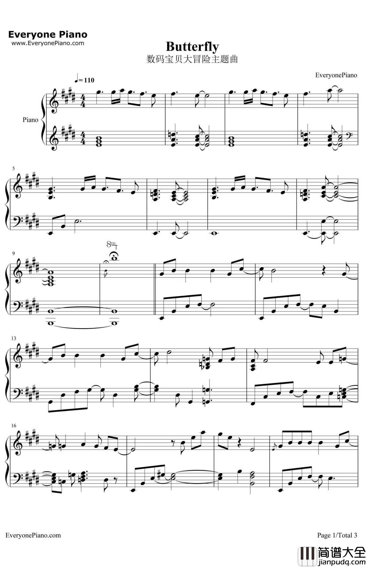 Butterfly简单版钢琴谱_和田光司_数码宝贝大冒险主题曲