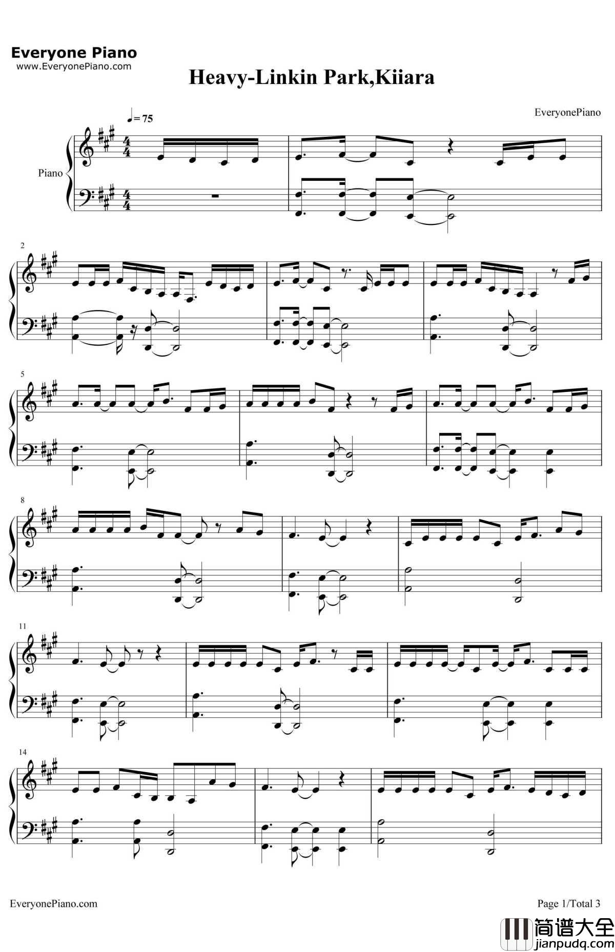 Heavy钢琴谱_LinkinParkKiiara