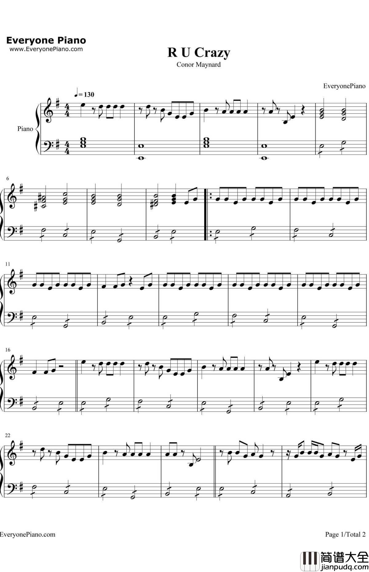 R_U_Crazy钢琴谱_ConorMaynard