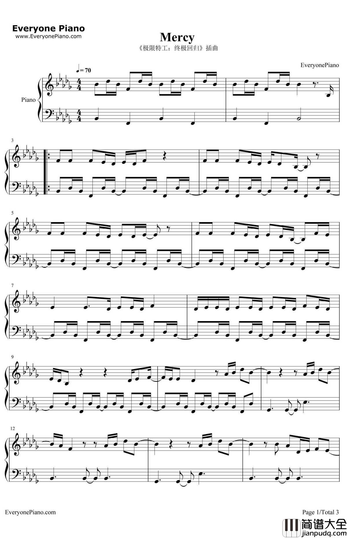 Mercy钢琴谱_BishopBriggs__极限特工:终极回归_电影插曲