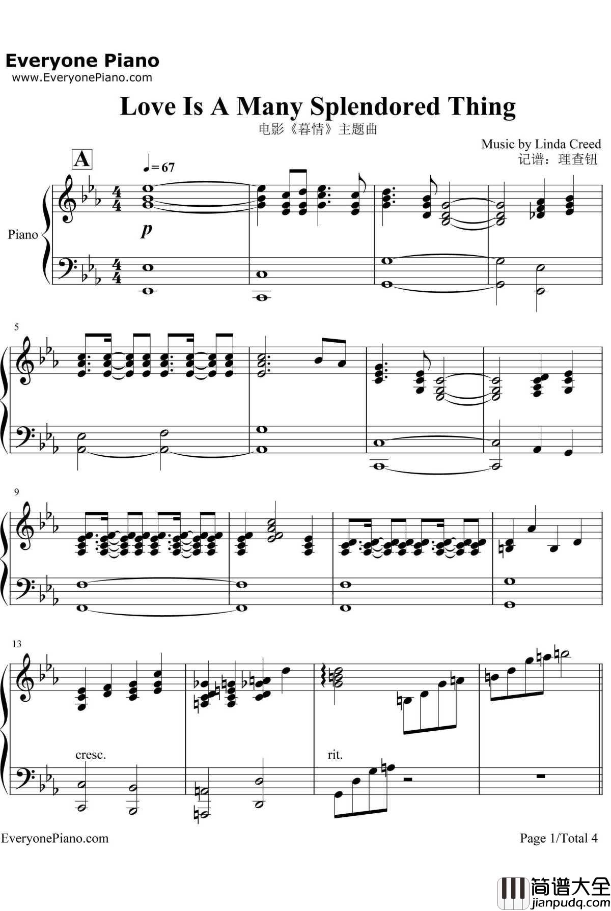 Love_Is_A_Many_Splendored_Thing钢琴谱_理查德·克莱德曼_暮情主题曲