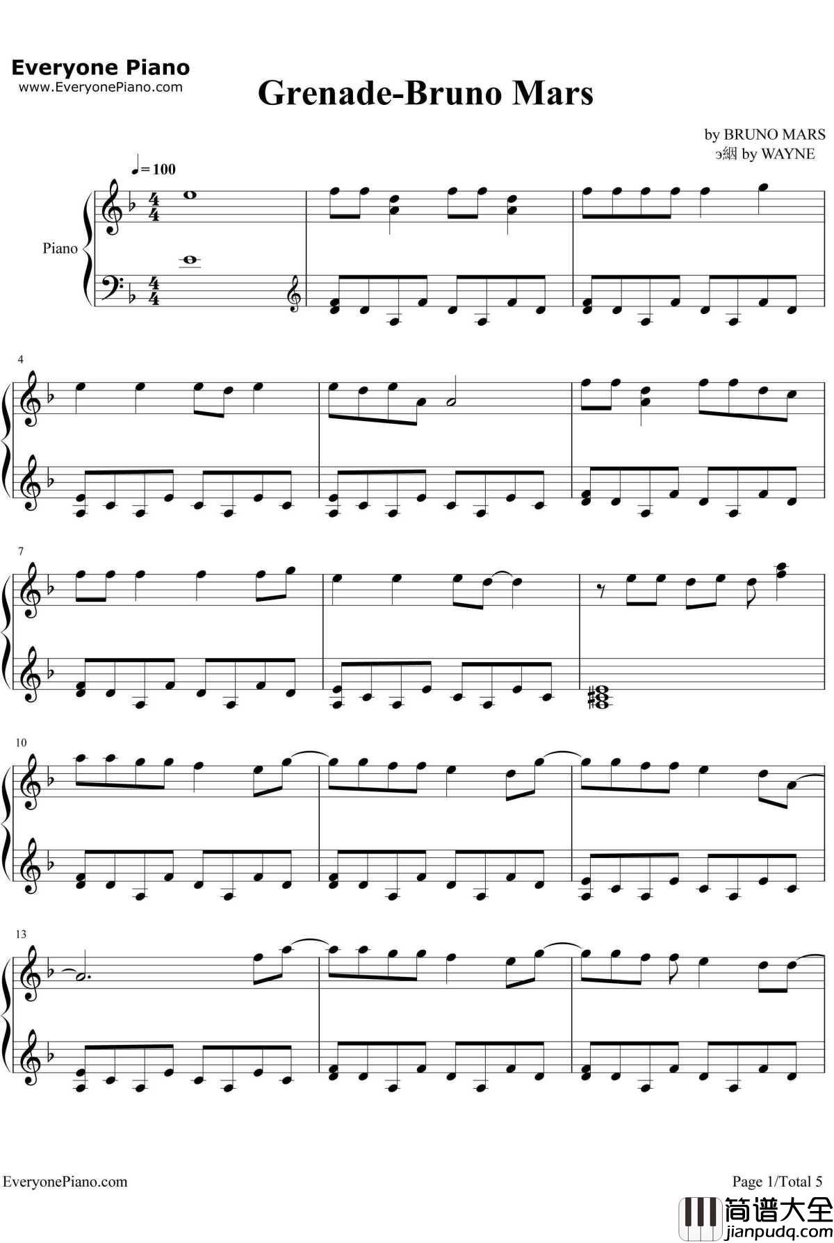 Grenade钢琴谱_BrunoMars