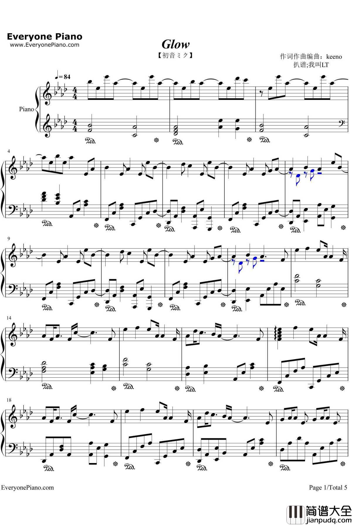 Glow钢琴谱_初音ミク