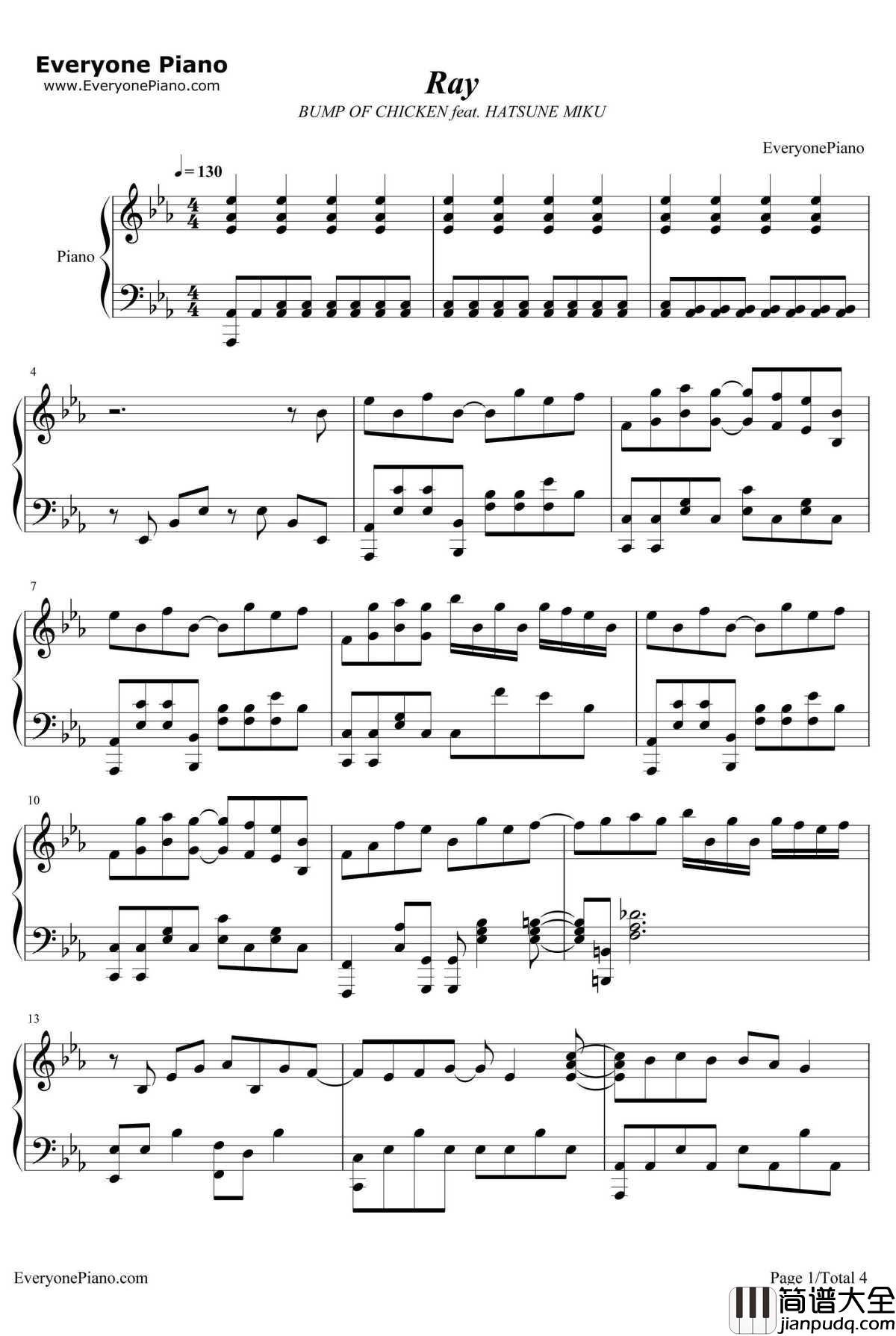 Ray钢琴谱_BumpofChicken&初音ミク_BumpofChickenand初音ミク