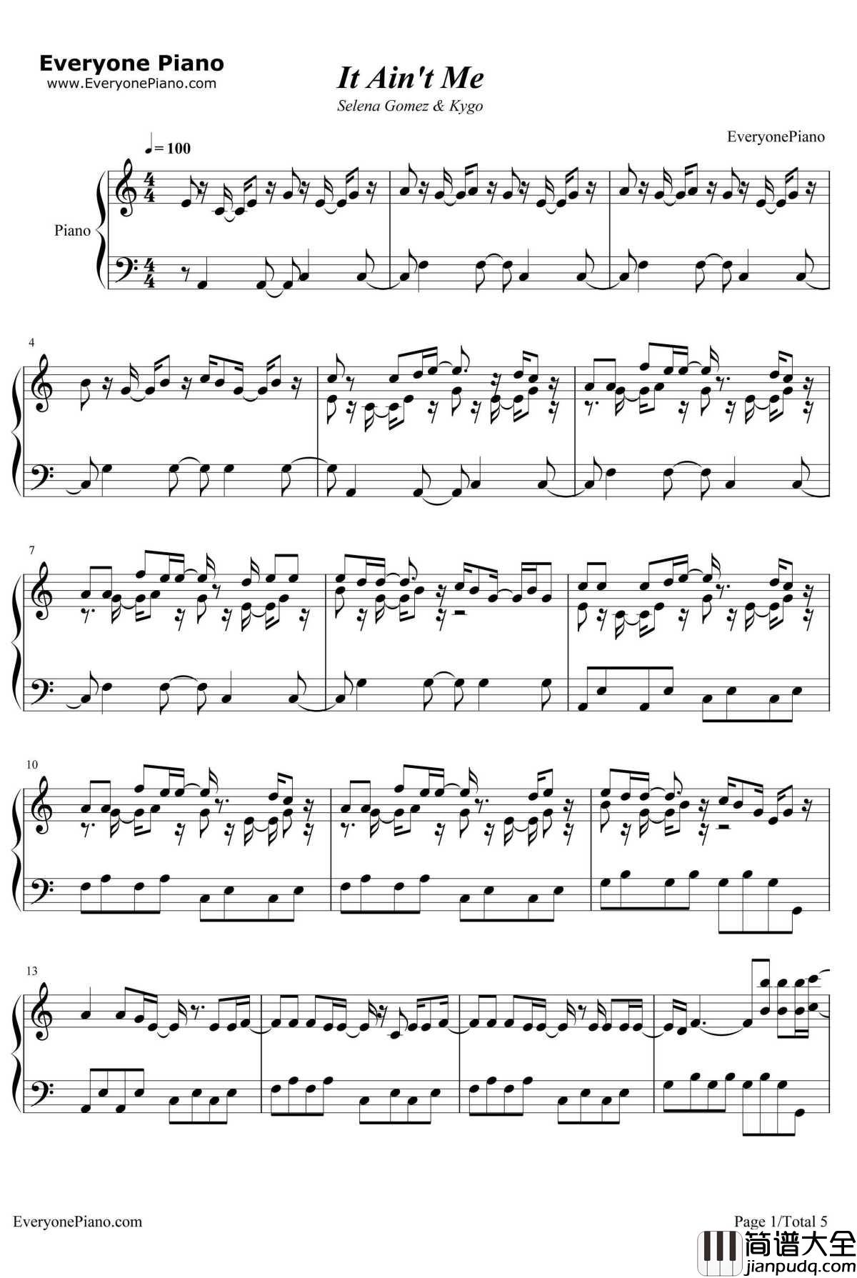 It_Ain'tMe钢琴谱_SelenaGomez