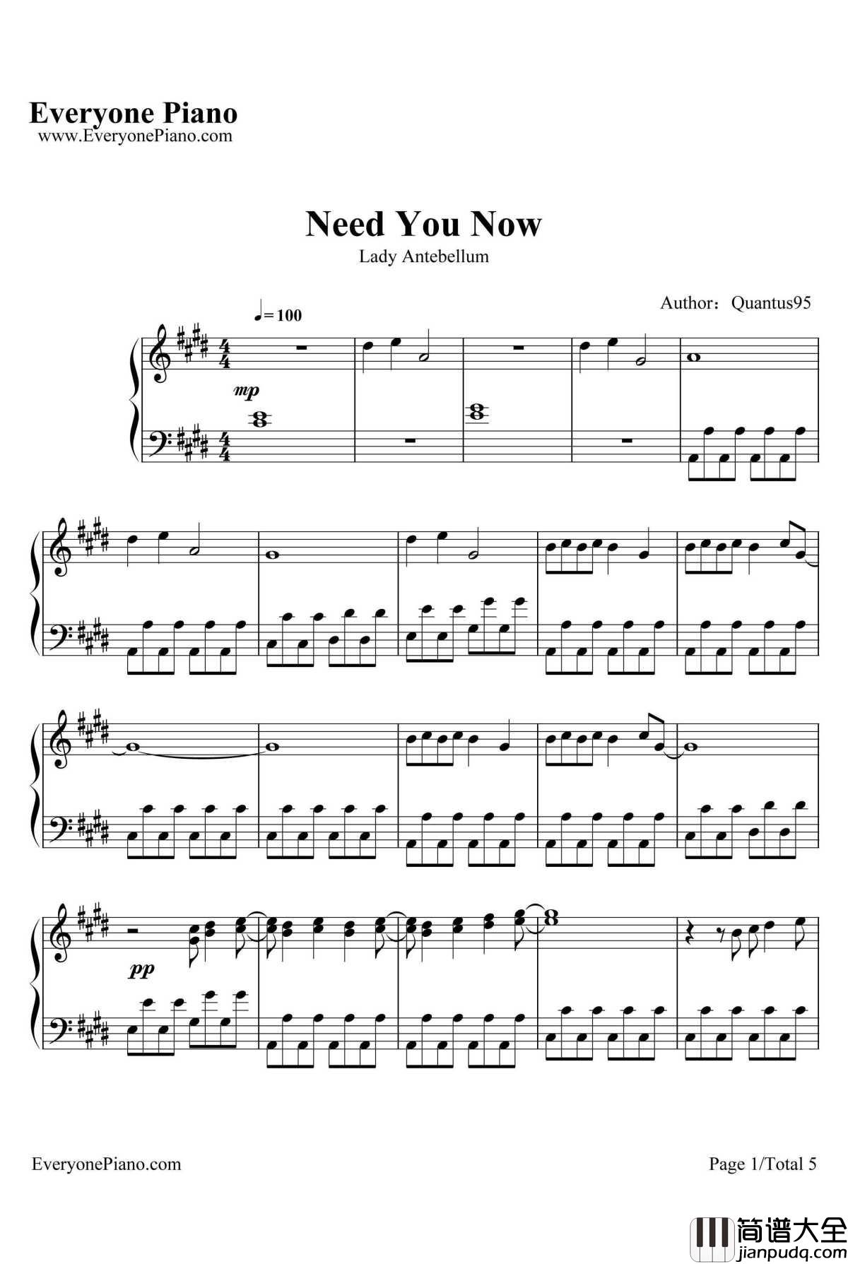 Need_You_Now钢琴谱_LadyAntebellum_格莱美获奖歌曲