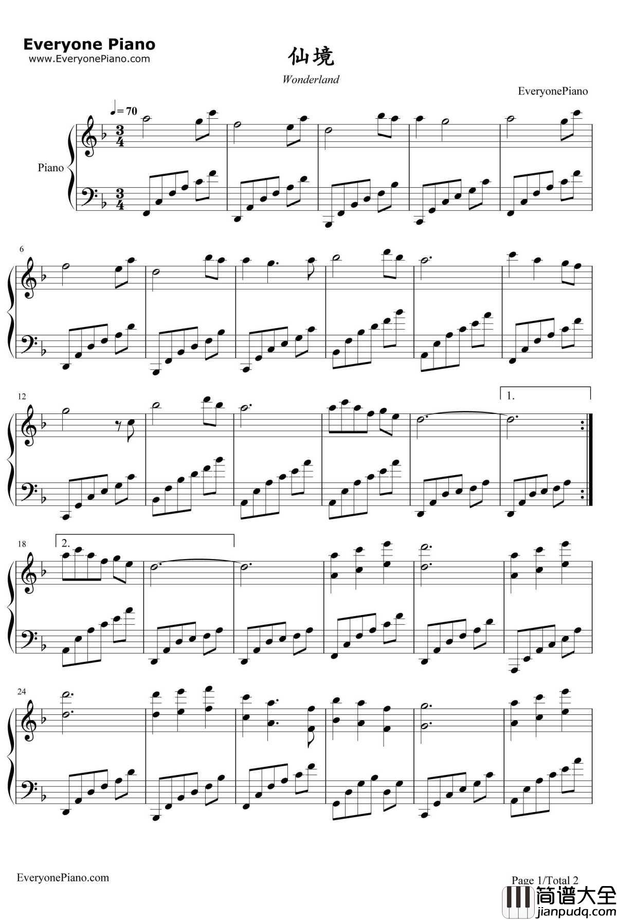 仙境钢琴谱_班得瑞