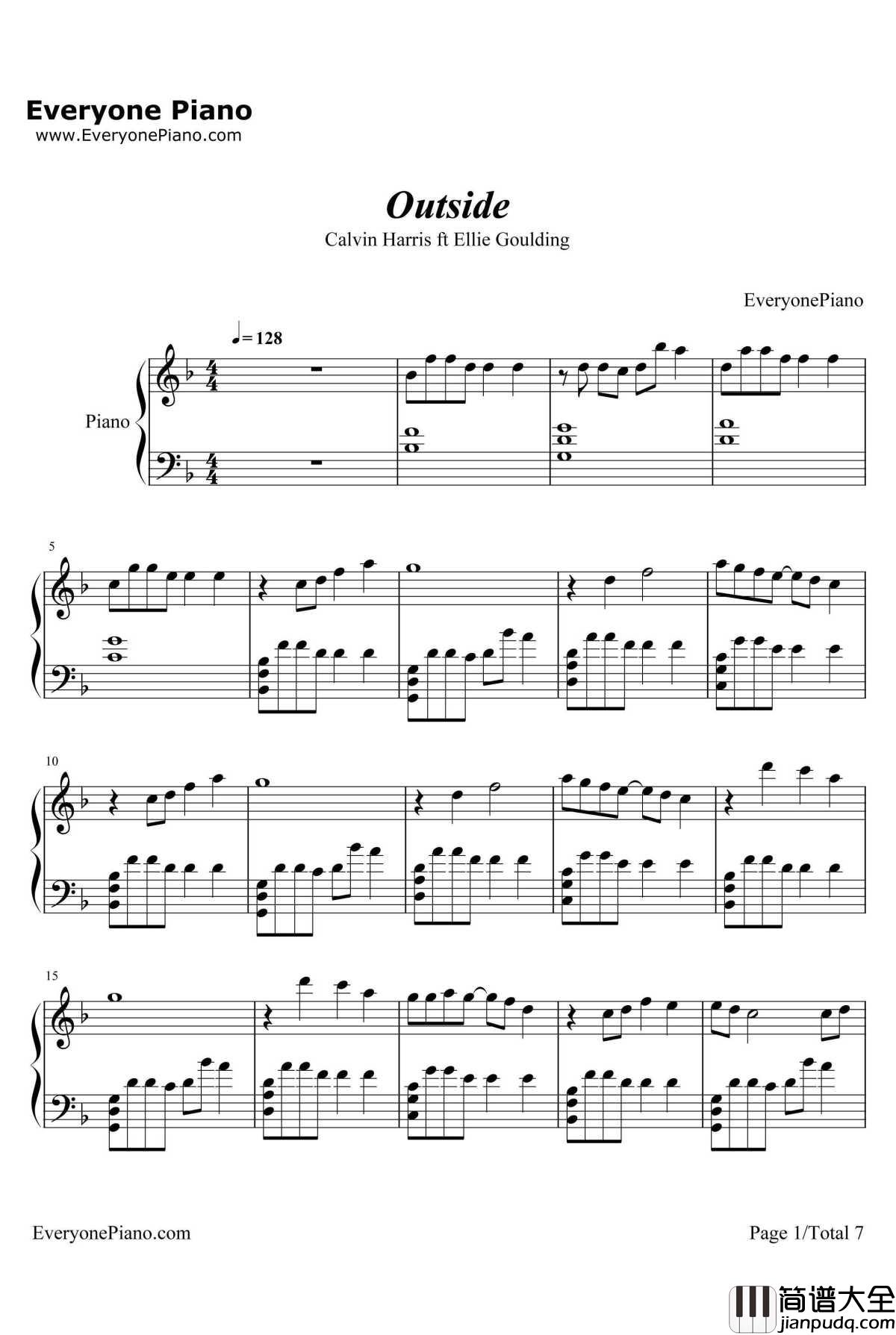 Outside钢琴谱_CalvinHarris&EllieGoulding
