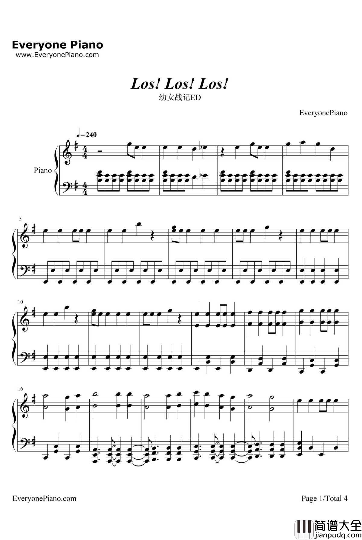 Los!_Los!_Los!钢琴谱_谭雅•提古雷查夫（CV：悠木碧）_幼女战记ED