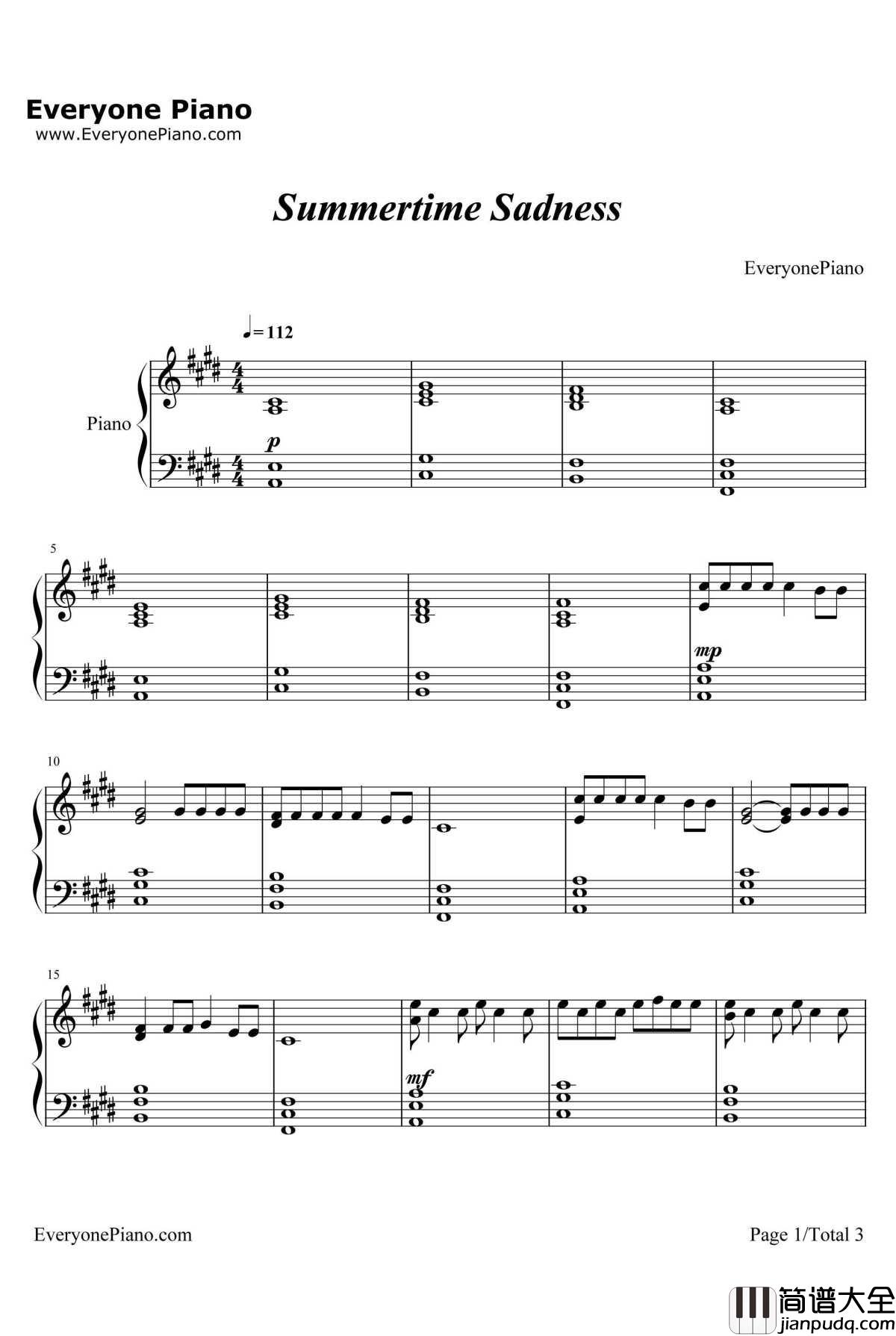 Summertime_Sadness（夏日忧郁）钢琴谱_LanaDelRey