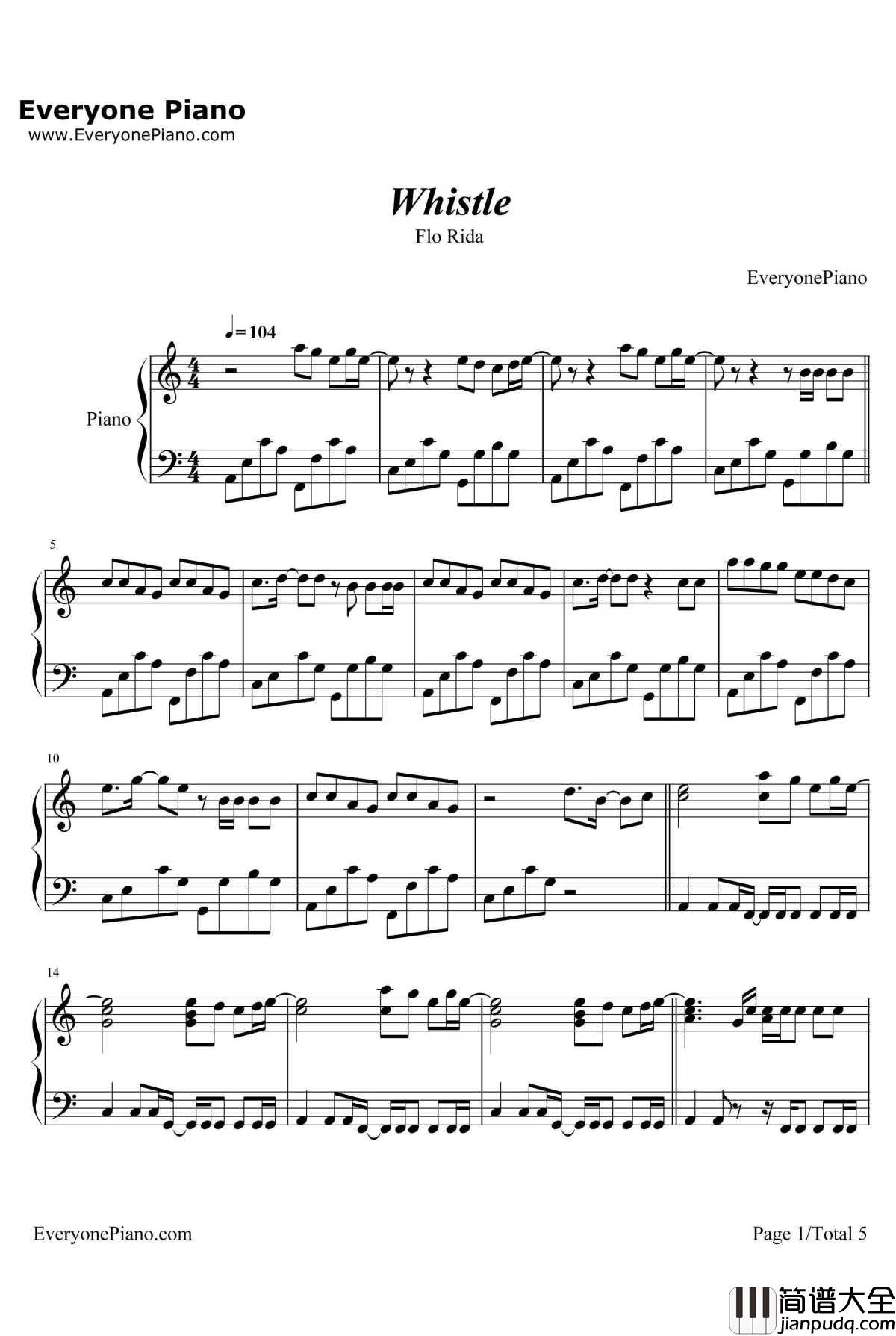 Whistle钢琴谱_FloRida