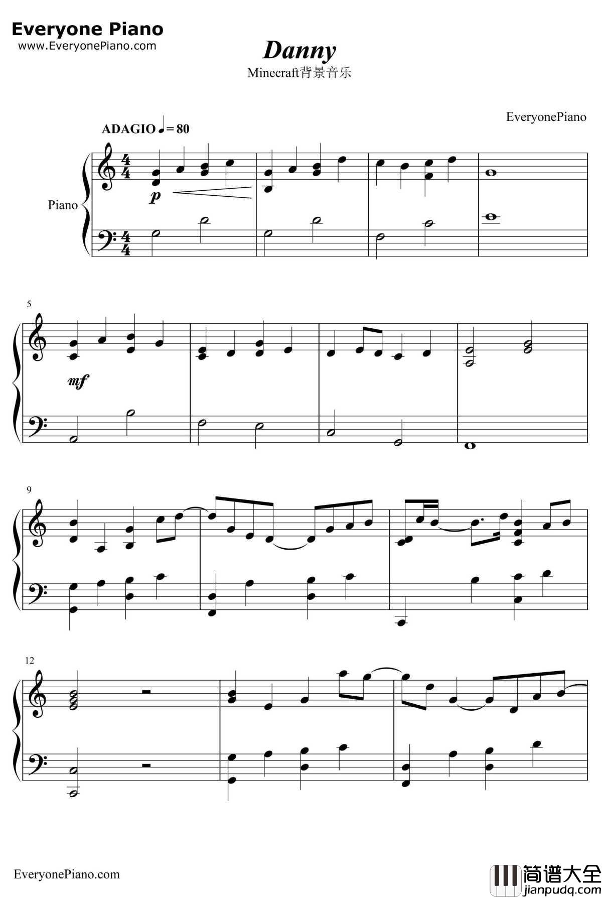 Danny钢琴谱_丹尼尔•罗森菲尔德C418_Minecraft背景音乐