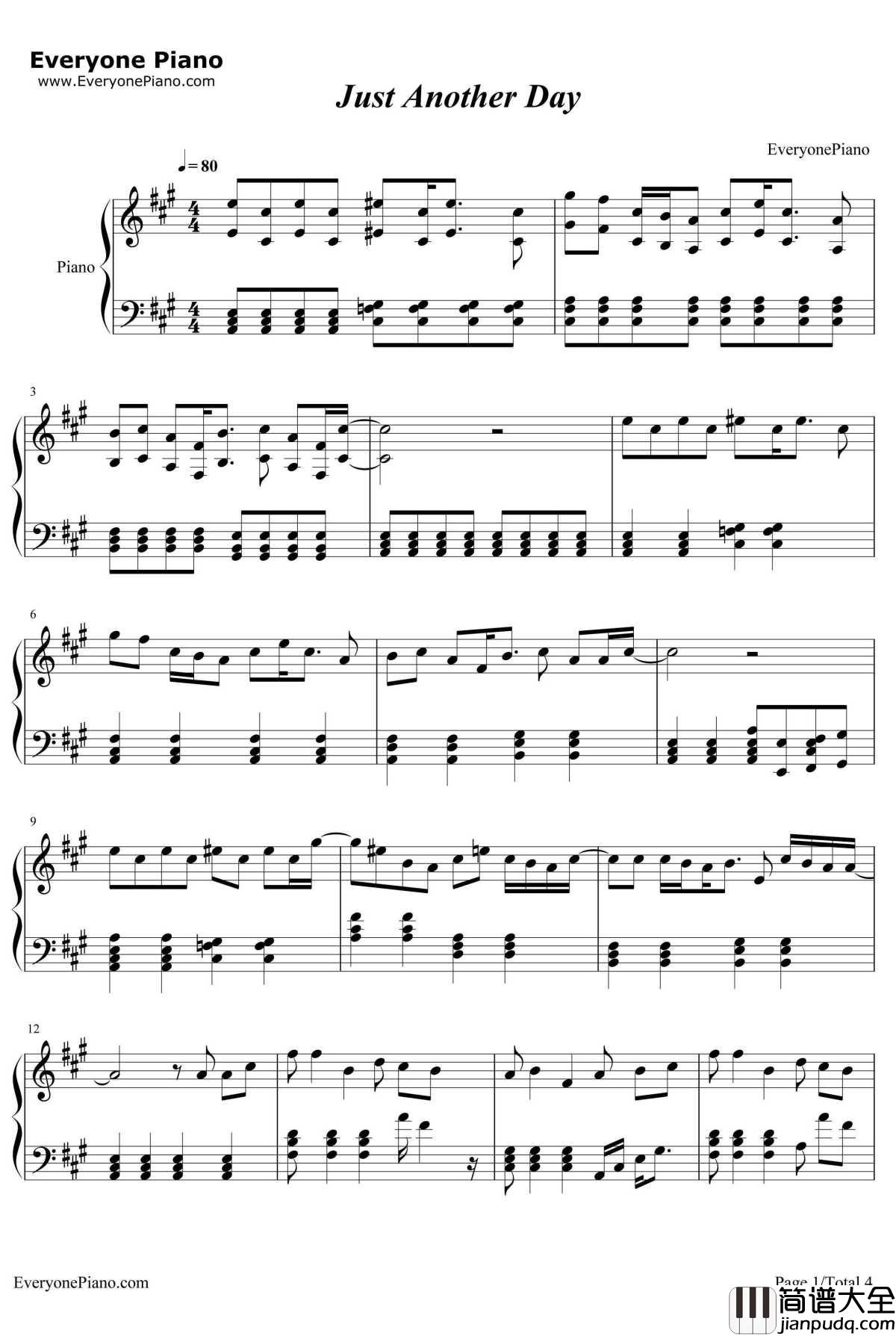 Just_AnotherDay钢琴谱_LadyGaga