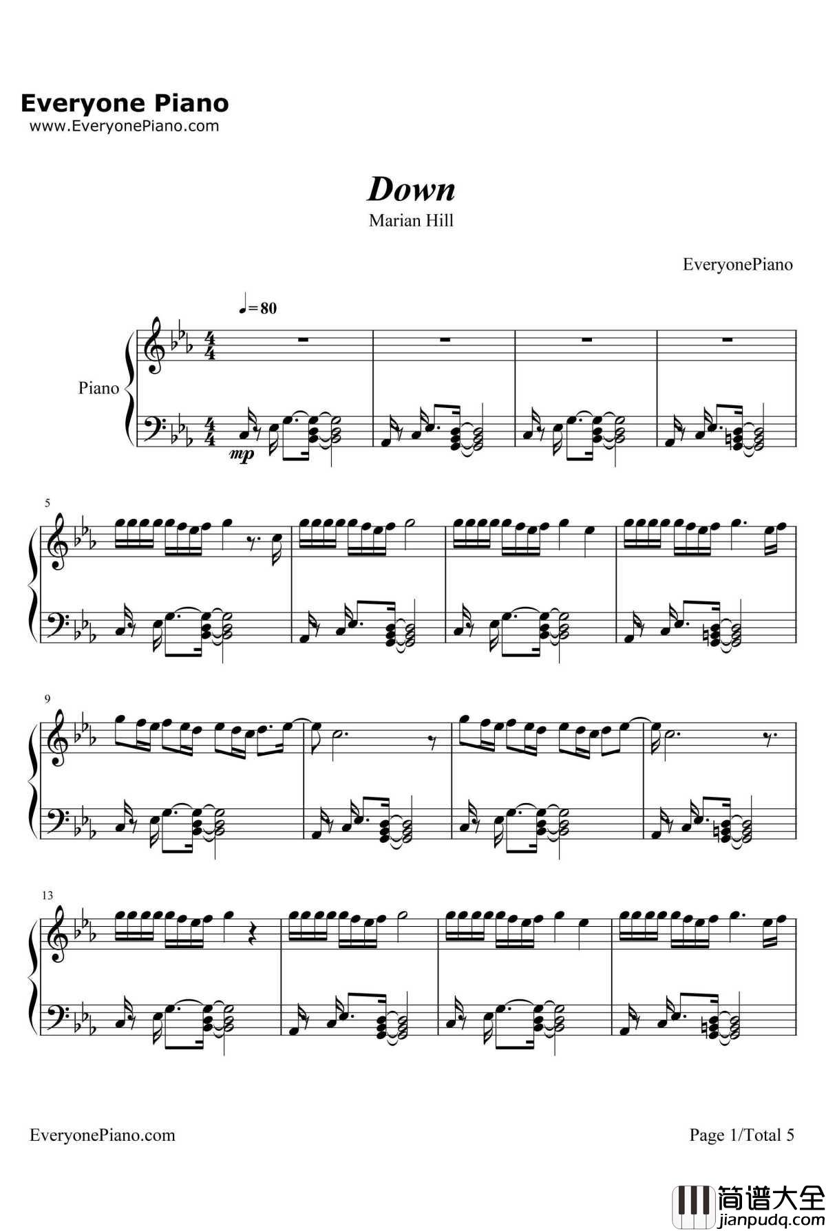 Down钢琴谱_MarianHill