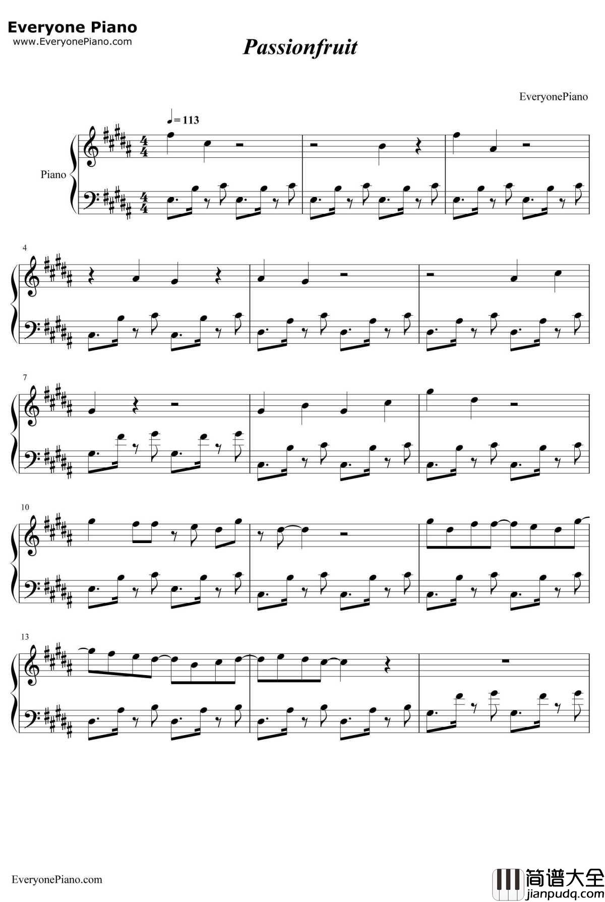 Passionfruit钢琴谱_Drake
