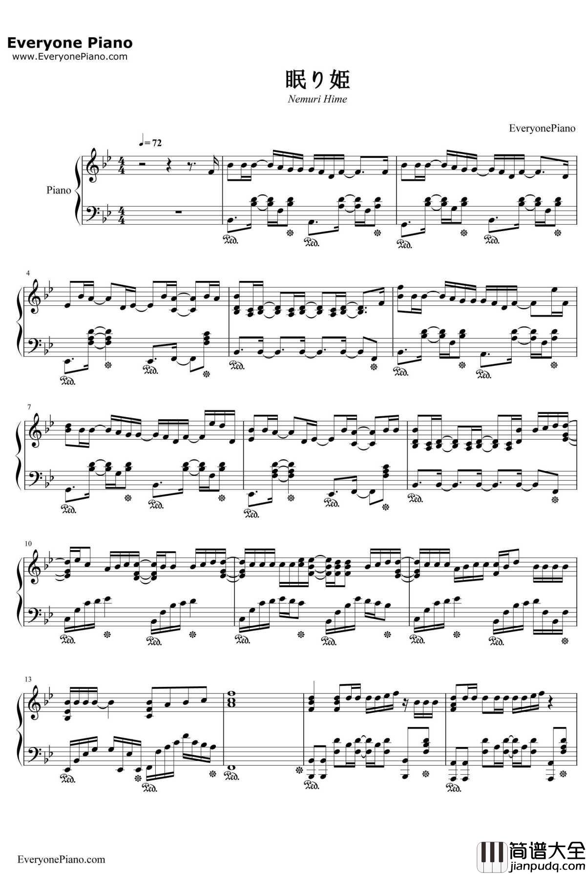 眠り姫钢琴谱_SEKAINOOWARI世界末日_SEKAINOOWARI