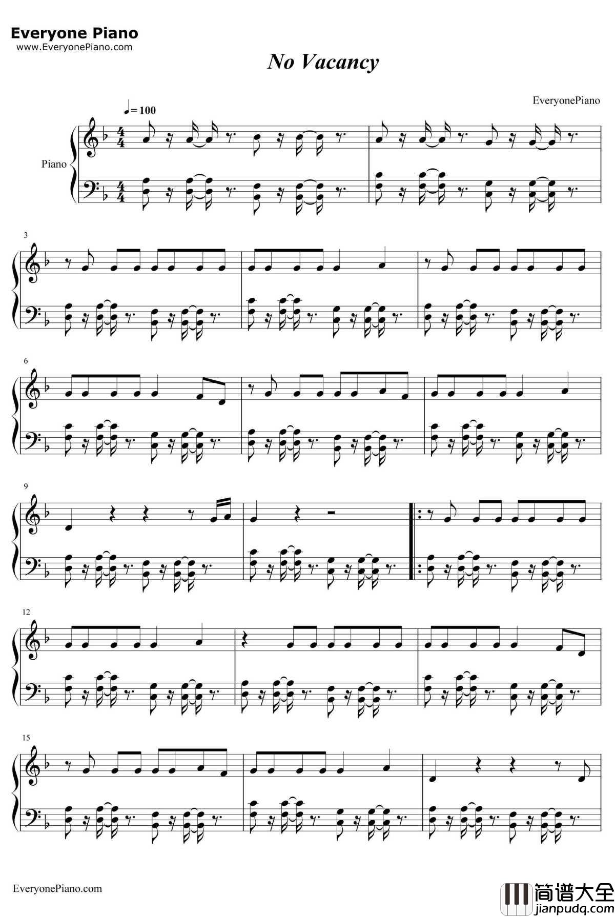 No_Vacancy钢琴谱_OneRepublic