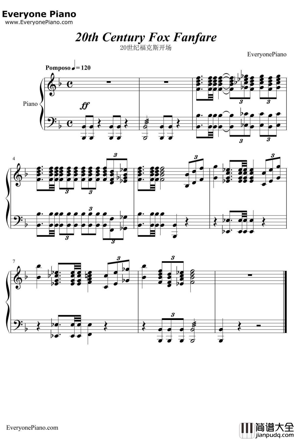 20世纪福克斯开场曲钢琴谱_20thCenturyFox_20世纪福克斯开场曲