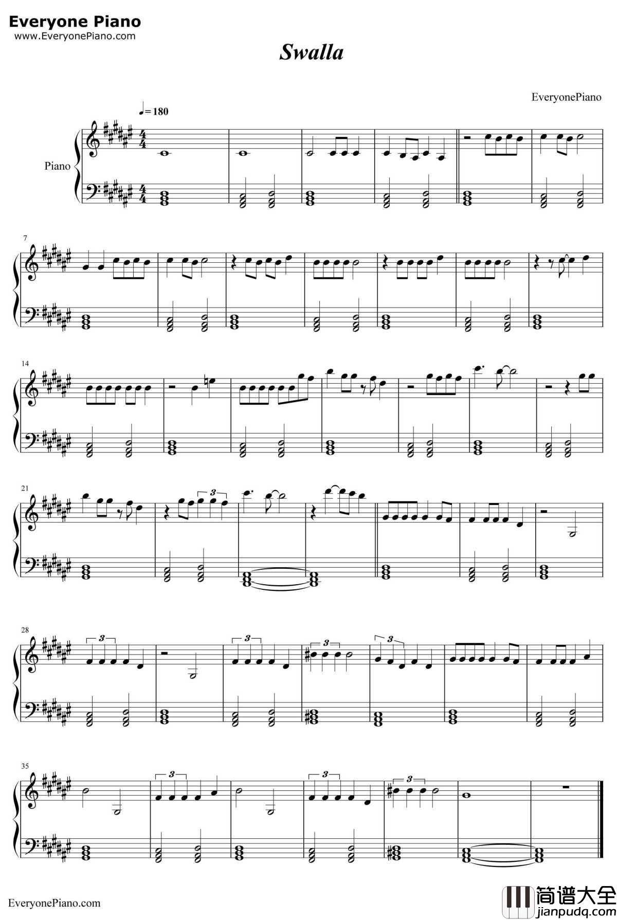 Swalla钢琴谱_JasonDerulo