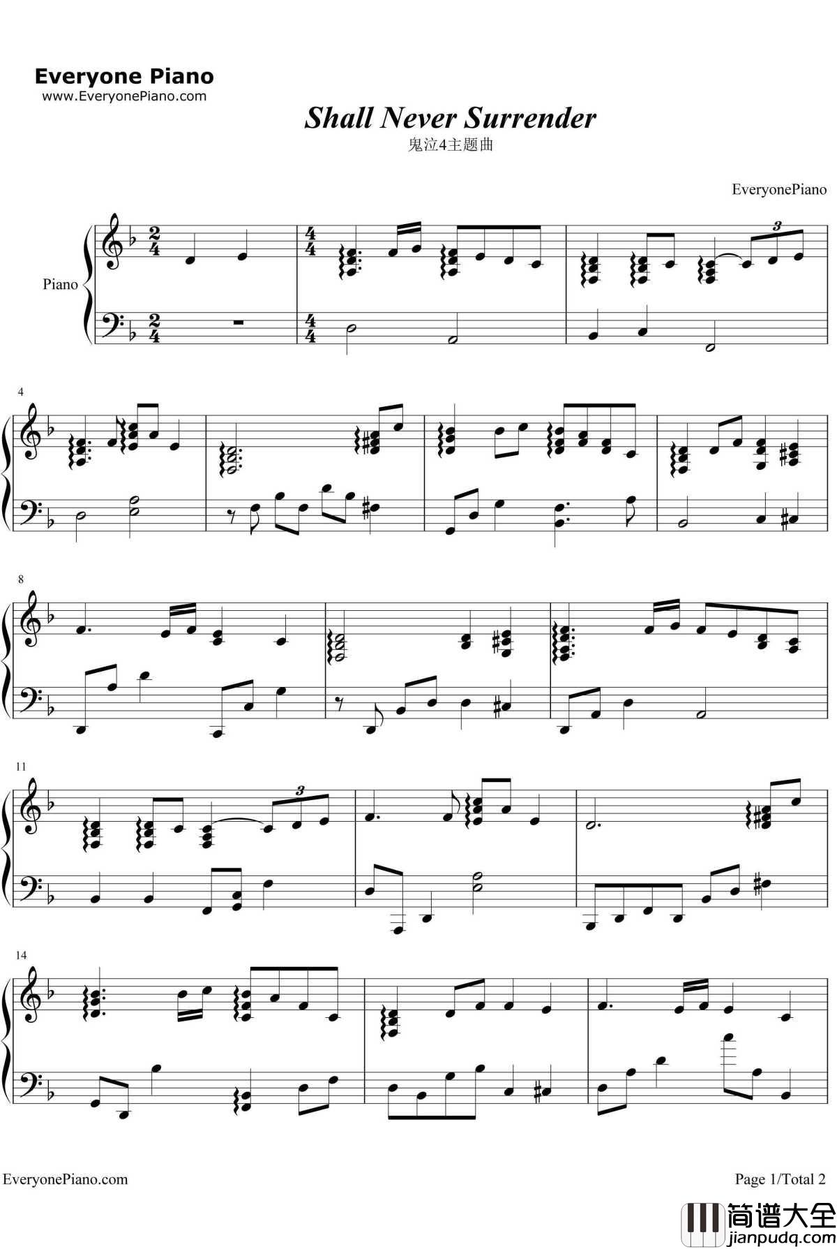 Shall_Never_Surrender钢琴谱_ShyBoy_鬼泣4主题曲