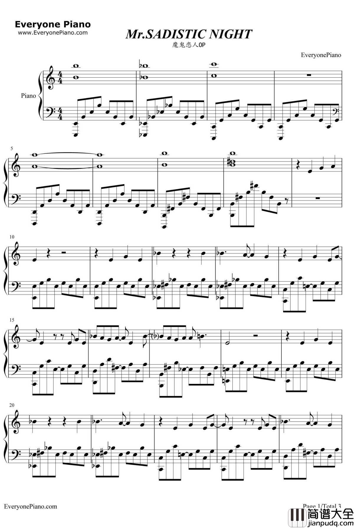 Mr_SADISTIC_NIGHT钢琴谱_绿川光鸟海浩辅_魔鬼恋人OP