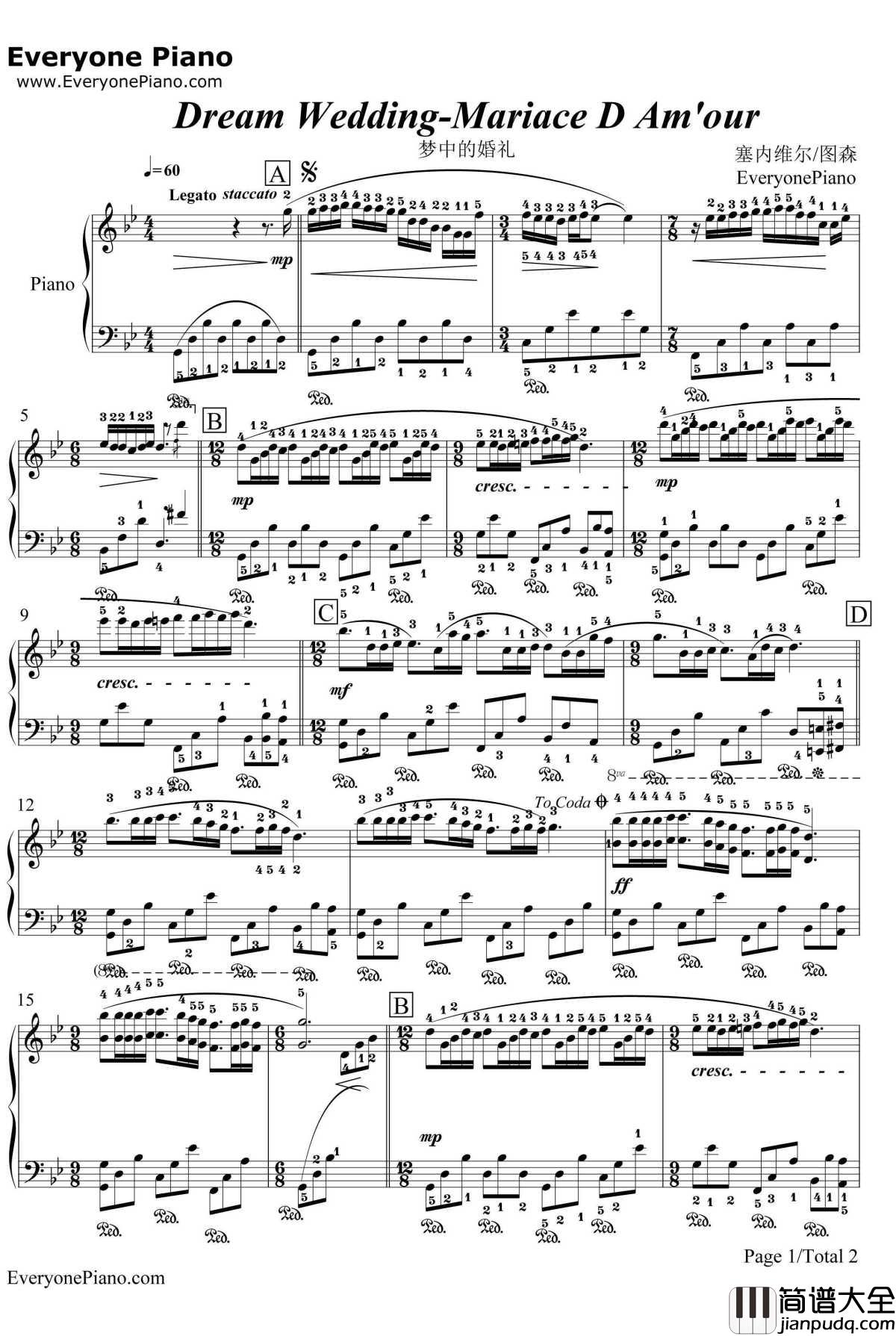 梦中的婚礼钢琴谱_理查德克莱德曼_带指法版