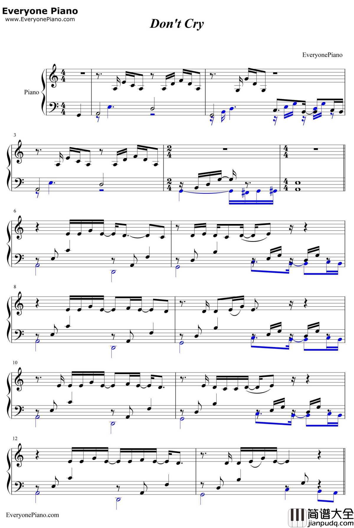 Don't_cry钢琴谱_GunsN'Roses_枪花乐队