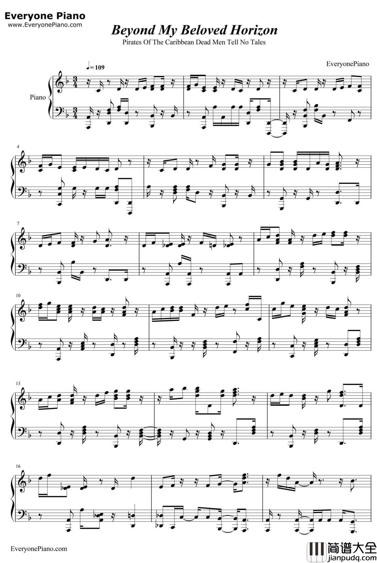 Beyond_My_Beloved_Horizon钢琴谱_HansZimmer&KlausBadelt_加勒比海盗5：死无对证