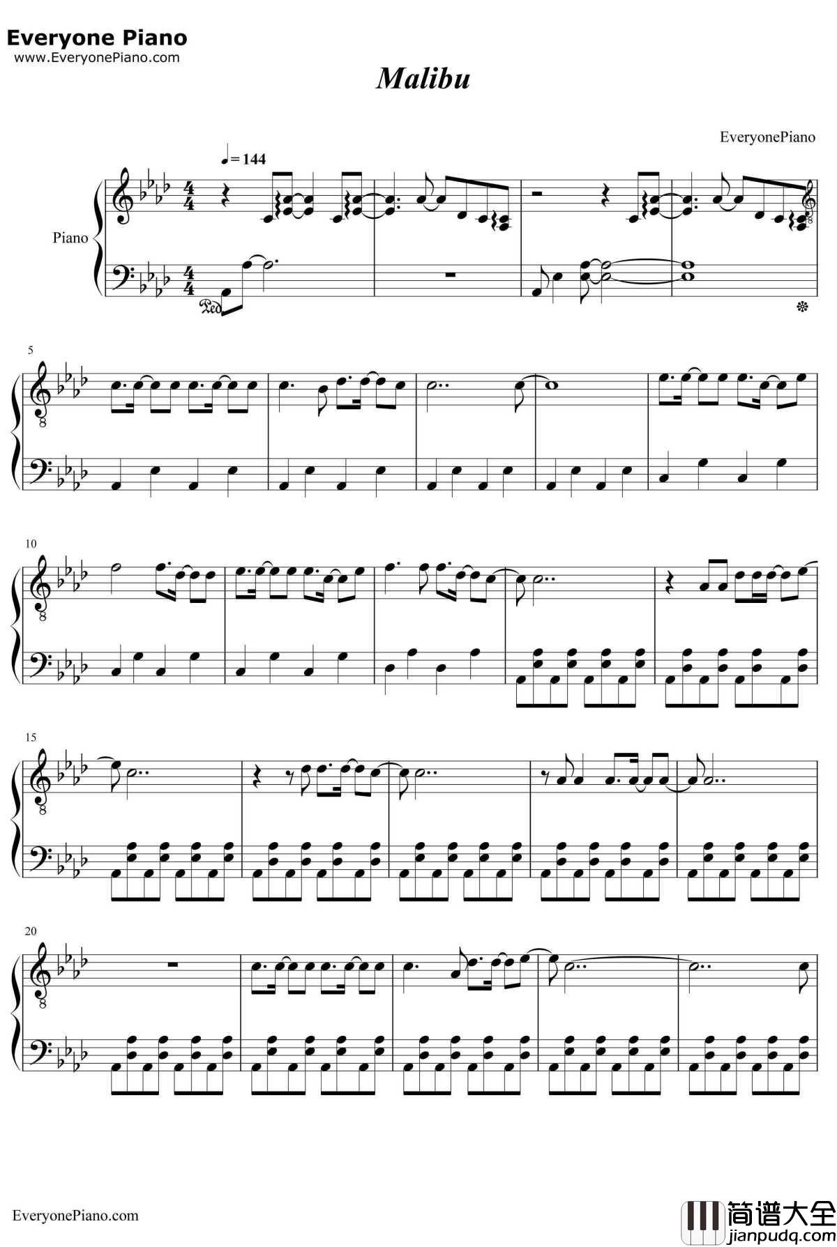 Malibu钢琴谱_MileyCyrus
