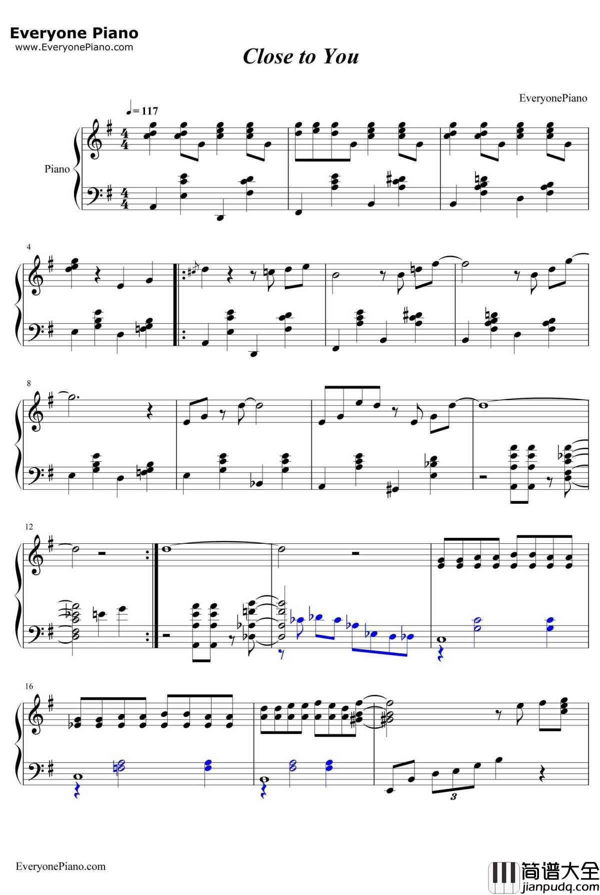 CloseToYou钢琴谱_朋特乐队TheCarpenters_朋特乐队