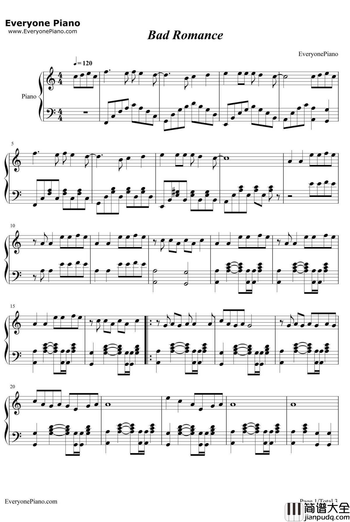 Lady_Ga_Ga罗曼死钢琴谱_LadyGaGa_BadRomance