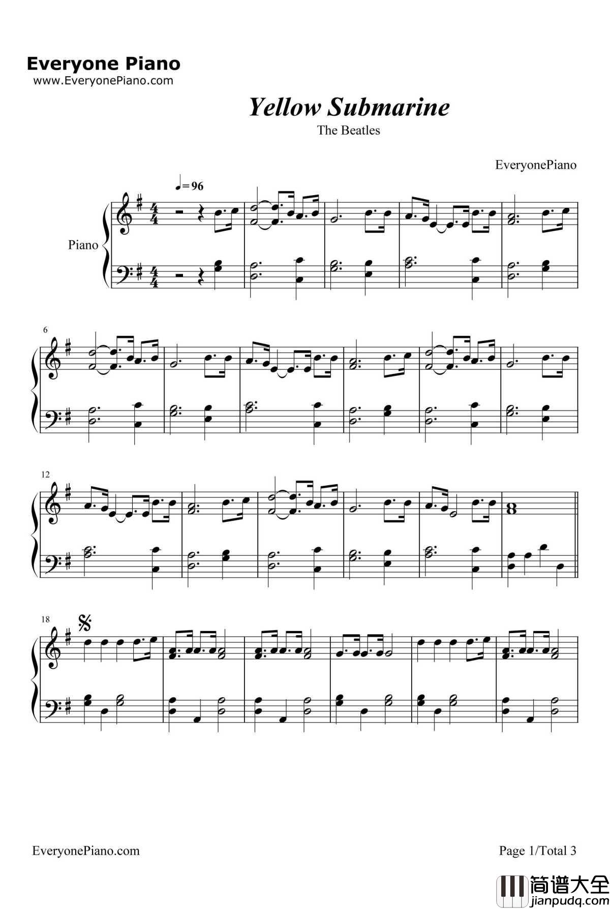 Yellow_Submarine钢琴谱_TheBeatles