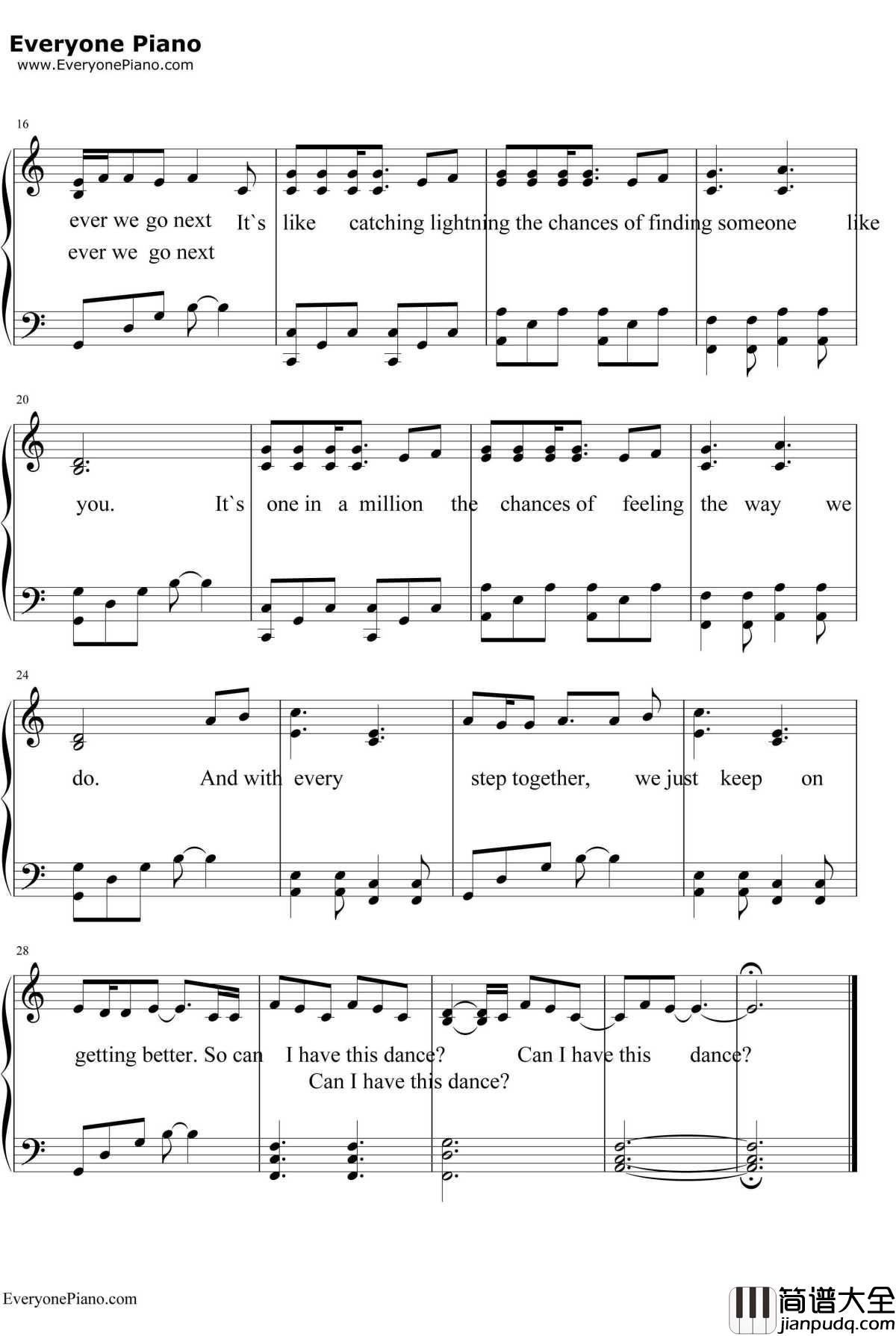 Can_I_Have_This_Dance钢琴谱_ZacEfron&VanessaHudgens_歌舞青春3：毕业季OST