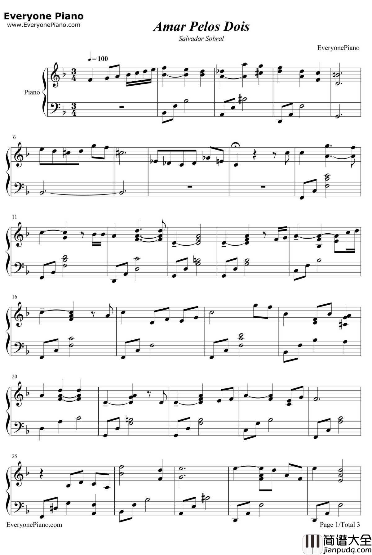 Amar_Pelos_Dois钢琴谱_SalvadorSobral